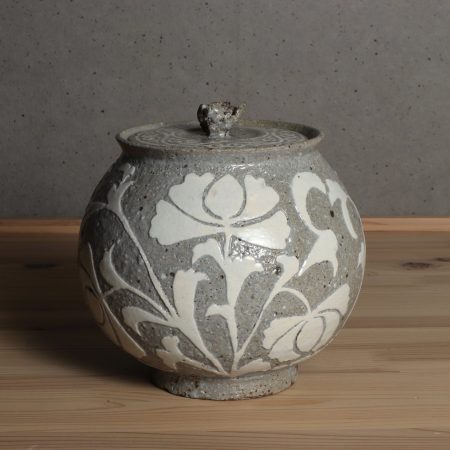 佐藤正一　掻落草花紋水指　新潟　柏崎　李朝高麗