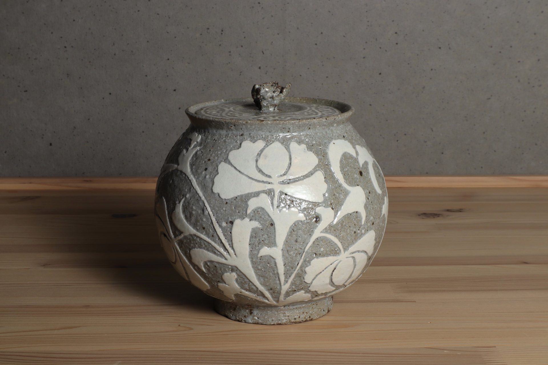 佐藤正一 掻落草花紋水指 新潟 柏崎 李朝高麗